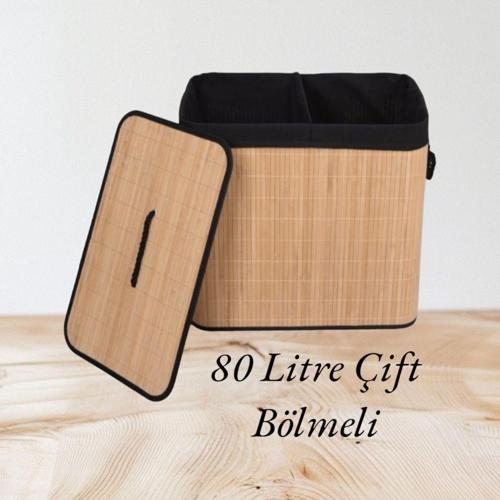 Yeni Nesil Bambu Çift Bölmeli Kirli Çamaşır Sepeti 80 Litre