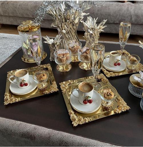 2'Li Kahve & Çay & Sunum Tepsisi Metal Döküm Kare Gold Tepsi Gül Model