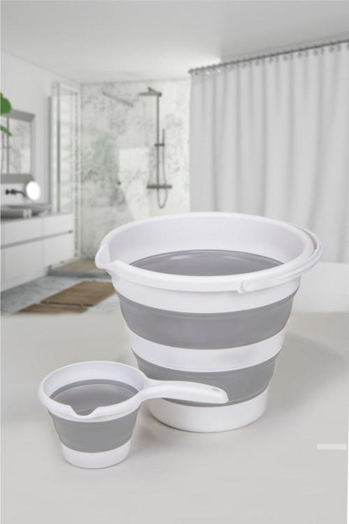 2'Li Katlanabilir Kova - Maşrapa Seti Katlanır Akordiyon Su Kovası Ve Maşrapa Seti Banyo Açık Gri