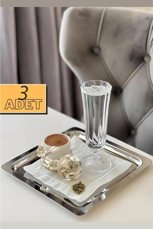 Paslanmaz Çelik Kare 3'Lü Sunum Tepsisi