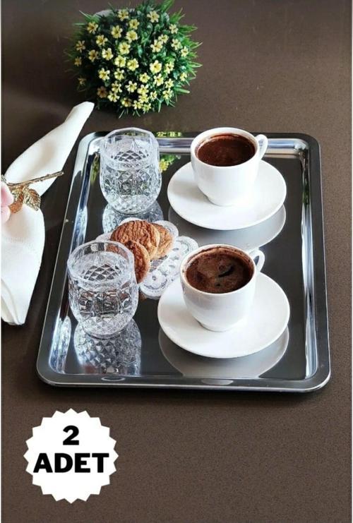2'Li Paslanmaz Çelik Servis Ve Sunum Çay Kahve Tatlı Tepsisi 33X23Cm