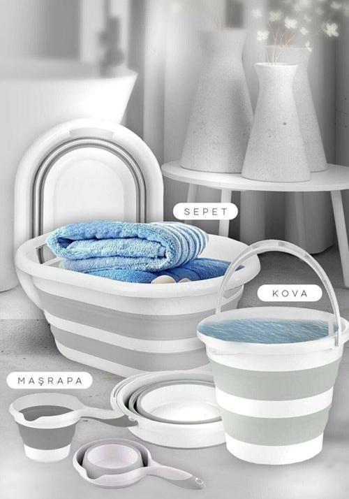 3' Lü Set Katlanır Çamaşır Sepeti, Katlanabilir Akordeon Su Kovası, Maşrafa