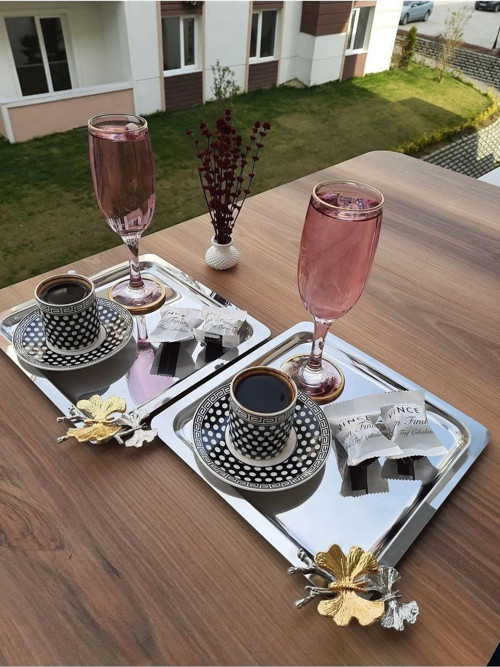 2’Li Lüx Kelebek Aksesuarlı Paslanmaz Çelik Kare Gümüş Kahve, Çay, Dekoratif Sunum Servis Tepsisi