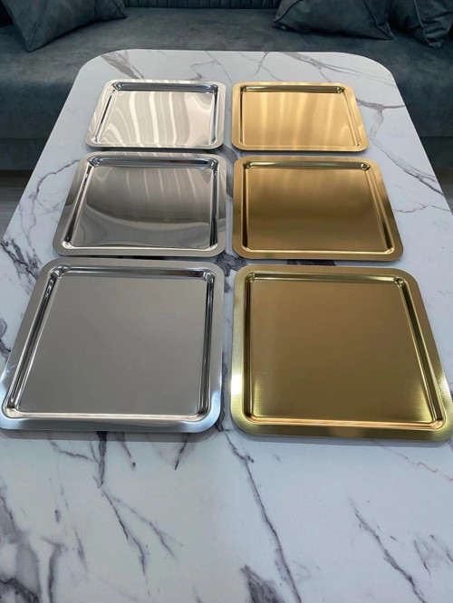 3 Adet Gümüş Ve 3 Adet Gold Kare Sunum-Kahve Tepsisi