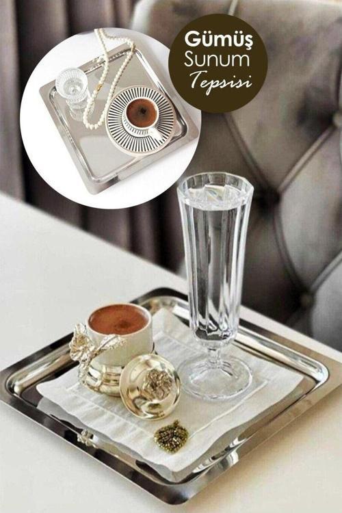 4'Lü Kare Kahve Çay I?Kram Ve Sunum Tepsisi Gümüş 21X21 Cm