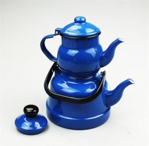 Emaye Nostaljik Küçük Boy Çaydanlık Takımı Mavi Renk