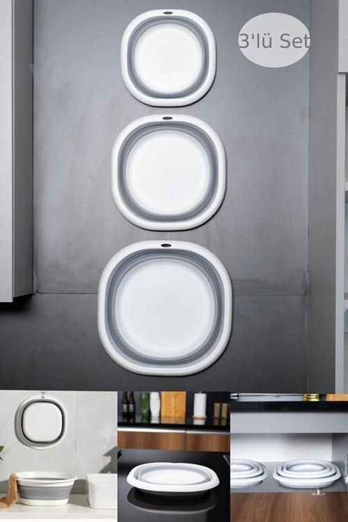 3'Lü Katlanır Badya Leğen Akordiyon Katlanır Badya Set 2,7 - 5 - 10 Lt