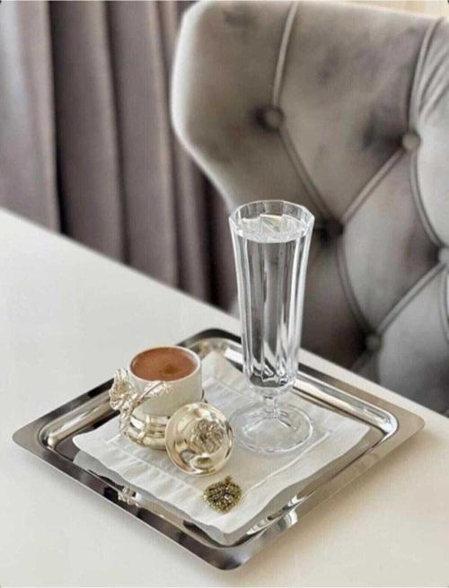 2'Li Kare Lüx Paslanmaz Çelik Gümüş Renk 21X21 Kahve Servis Sunum Tepsisi&Tabağı