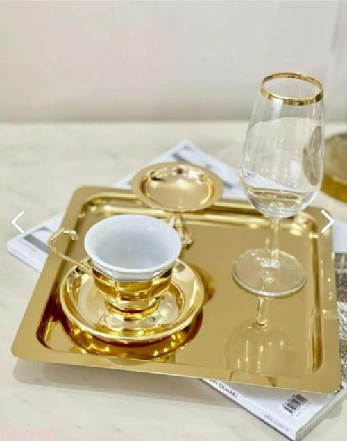 6 Adet Gold Altın Kare Paslanmaz Çelik Kahve Servis Sunum Tepsi (21X21Cm)