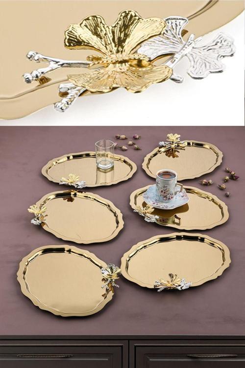 6 Adetbulut Model Kelebek Aksesuarlı Kahve-Çay Servis Ve Sunum Tepsisi 25 Cm X 20 Cm