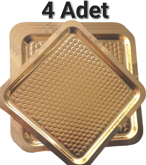 4 Adet Titanyum Kaplama Gold Paslanmaz Çelik Kahve Servis Sunum Tepsisi & Tabağı(21X21Cm)