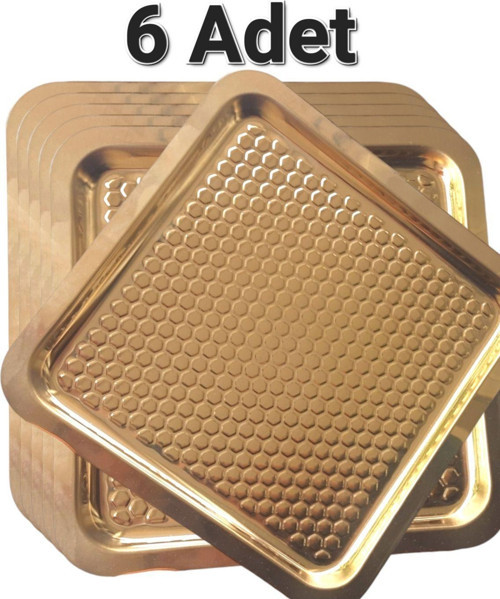6 Adet Gold Altın Kare Damla Desenli Kahve Servis Sunum Tepsi & Tabağı (21X21Cm)