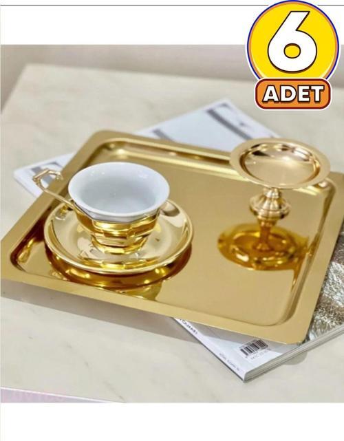 6 Adet Parlak Tek Taraflı Gold Altın Kare Paslanmaz Çelik Kahve Servis Sunum Tepsi (21X21Cm) T