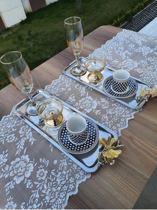 Paslanmaz Çelik Baton 2 Li Kelebek Aksesuarlı Modern Şık Çay Kahve Sunum Tepsisi