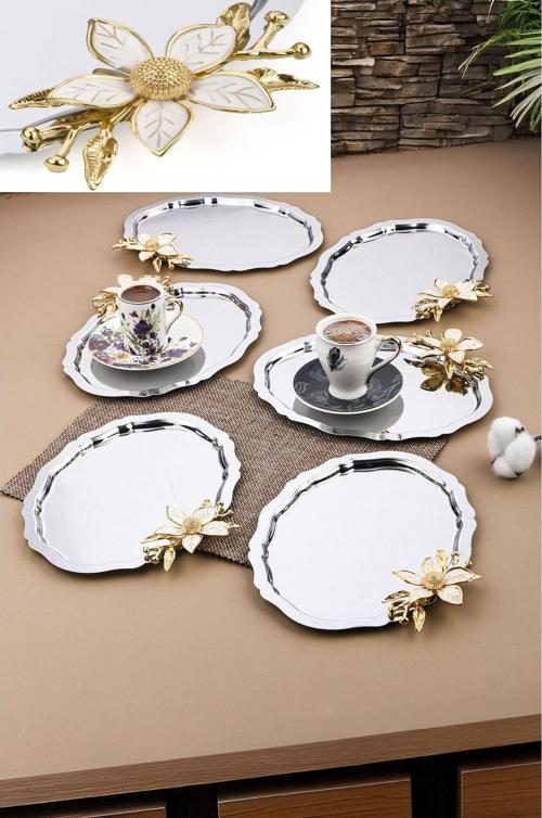 6 Adet Oval Papatya Çiçekli Kahve-Çay Servis Ve Sunum Tepsisi 25X20 Cm