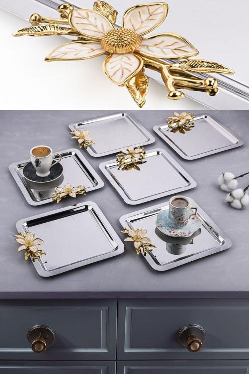 6 Adet Paslanmaz Çelik Papatya Aksesuarlı Kare Kahve Ve Çay Sunum Tepsisi