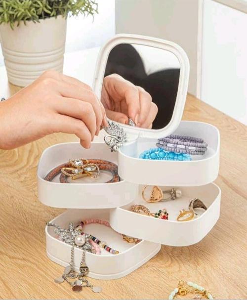 Takı Organizeri - 4 Katlı Aynalı Kare 360 Derece Dönebilen Takı Organizer Kutusu Beyaz