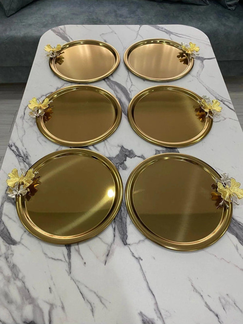 6'Lı Kelebekli Yuvarlak Gold Sunum Tepsisi Dekoratif Servis Tepsisi Çay, Kahve 22 Cm