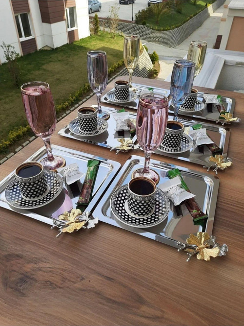 6'Lı Lüx Gümüş Kare Kahve Sunum Tepsisi | Kelebek Aksesuarlı Paslanmaz Çelik Kahve, Çay, Dekoratif