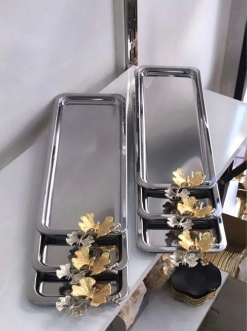 Paslanmaz Çelik 6 Lı Dikdörtgen Baton Kahve Tepsisi Kelebekli Lüx Sunum