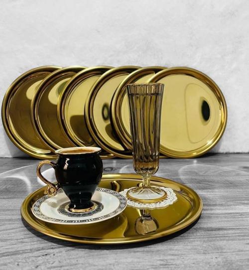 6'Lı Lüx Paslanmaz Çelik 21 Cm Yuvarlak Çay, Kahve, Pasta Servis Tepsisi
