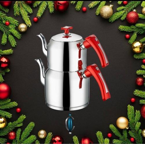 Kırmızı Çelik Sahra Aile Boy Çaydanlık Çelik