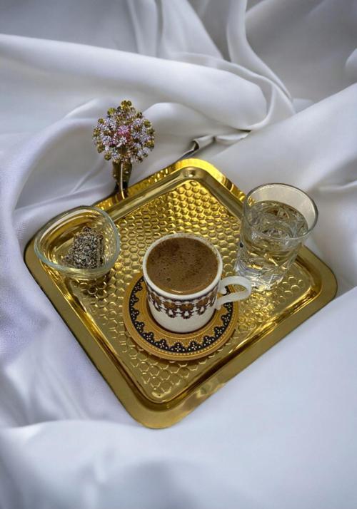 Gold Altın Renk Kare Paslanmaz Çelik Kahve Servis Sunum Tepsi & Tabağı 1 Adet(21X21Cm)