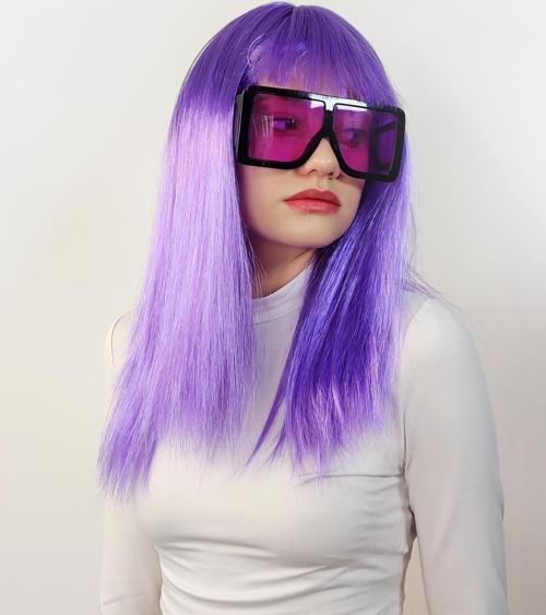 Lila Renk Uzun Düz Parti Peruğu