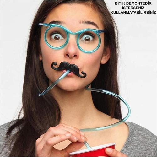 Pipetli Parti Gözlüğü - Çocuk ve Yetişkin Bıyıklı Pipet Gözlük Mavi Renk 18x14 cm