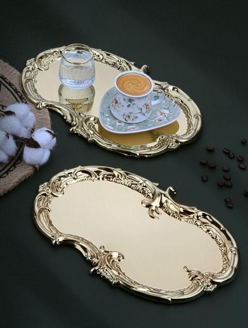 Gold Artnova Işleme Desenli Kahve Ve Sunum Tepsisi 2 Adet
