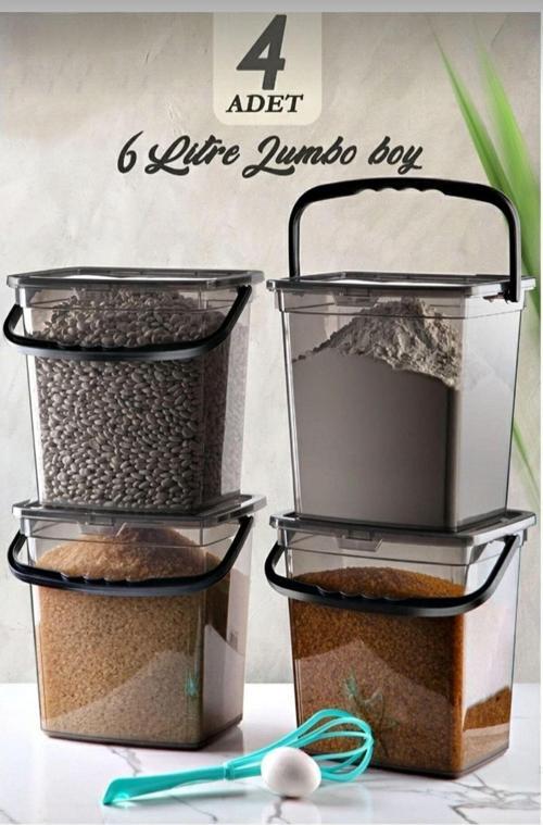 Mega Boy 4'Lü Kare Un Bakliyat Kabı 6 Litre - 4 Adet Un Saklama Kabı