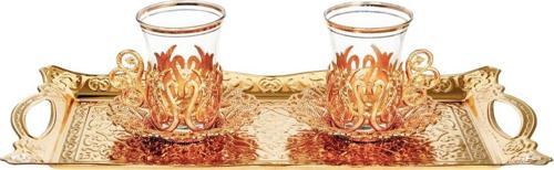 İkili Osmanlı Lale Dekorlu Gold Kuplu Çay Bardağı, Çay Kaşığı & Tepsili