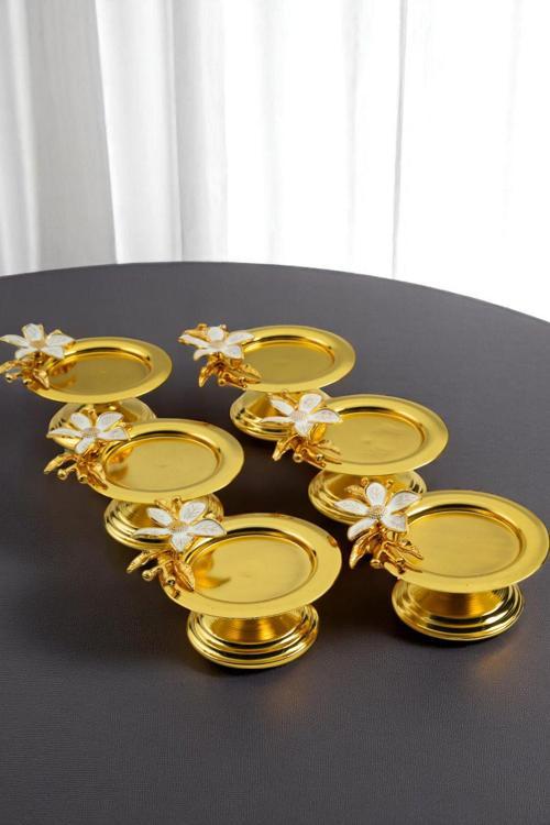 Zambak Çiçekli Dekoratif 6 Li Gold Renk Makaronluk Lokumluk Kahve Yanı Sunumluk