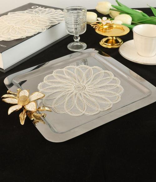 6 Adet Yelpaze Krem Gold Simli Bardak Altlığı & Kokteyl Peçetesi