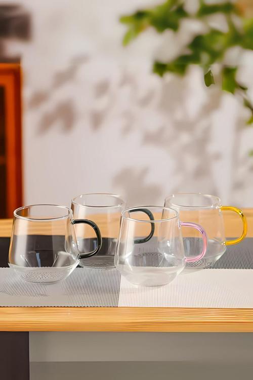 4'Lü Borosılıkat Cam Kupa Kulplu Bardak | Ev Ofis Çay, Kahve, Meşrubat, Bardağı 400Ml