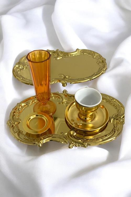 2 Li Gold Paslanmaz Çelik Artnova Servis, Çay, Kahve, İkramlık Ve Çeyizlik Sunum Tepsisi