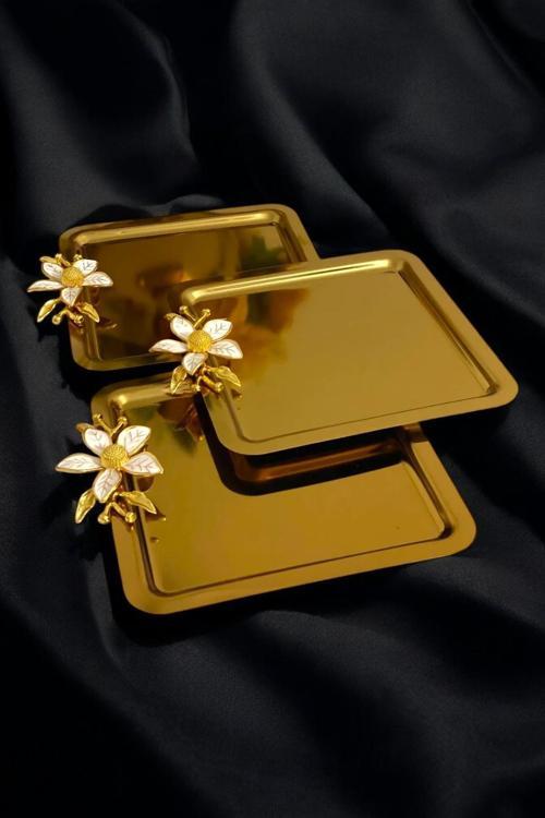 6'Lı Lüx Kahve Sunum Tepsisi | Gold Zambak Çiçekli