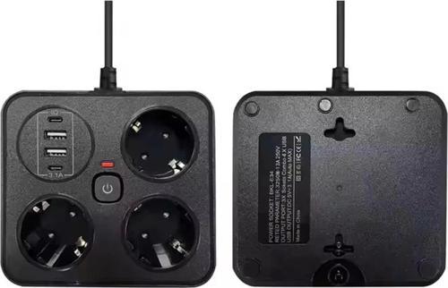 Akım Korumalı Anahtarlı Priz - 3x Priz - 2x Usb - 2x Type-c - 2 Mt Kablo Hızlı Şarj Özellikli Siyah