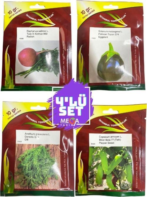 4'Lü Tohum Seti (İri Kırmızı Turp- Top Patlican-Dereotu-Tatlı Köy Biberi) 10 Gr'Lık Paket