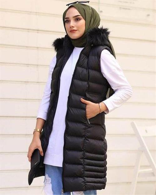 Kapşonu Kürklü Uzun Şişme Yelek