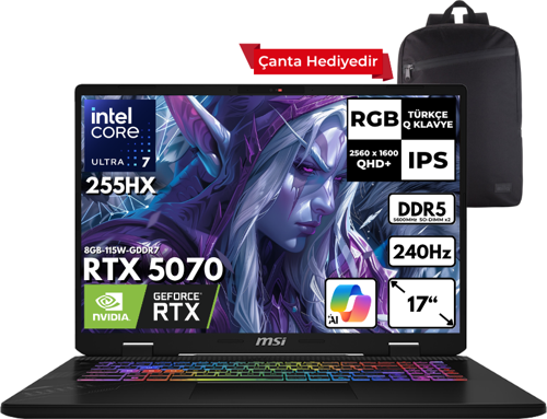 CROSSHAIR 17HX AI Ultra 7-255HX 64-GBDDR5 4 TBSSD RTX5070 (8GB-115W-GDDR7) 17" 2K QHD+ 240Hz Windows 11 Pro + HMF Sırt Çantası D2XWGKG-018XTRHMF22