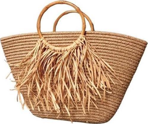 - Ayşe 4723 0939 El Yapımı Jüt İp Ahşap Saplı ve Püsküllü Hasır Görünümlü Çanta - Kahverengi