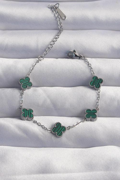 Zarif Kadın için Silver Çelik Baby Boy Çizgili Yeşil Mineli Yonca Bileklik