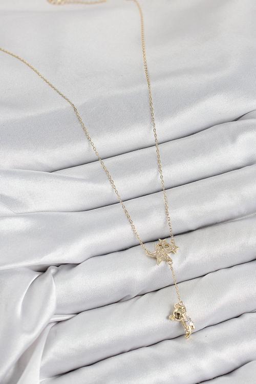 Zarif Kadın için Golden Pirinç Zirkonlu Sallantılı Ayıcıklı Yıldız Kolye