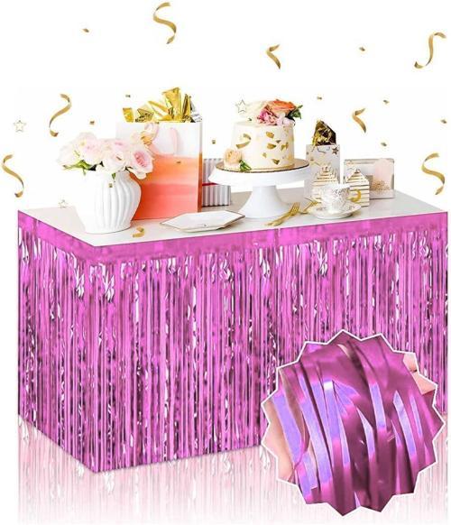 Kendinden Yapışkanlı Pembe Metalize Püsküllü Masa Eteği – 75 x 275 cm Parti Süslemesi