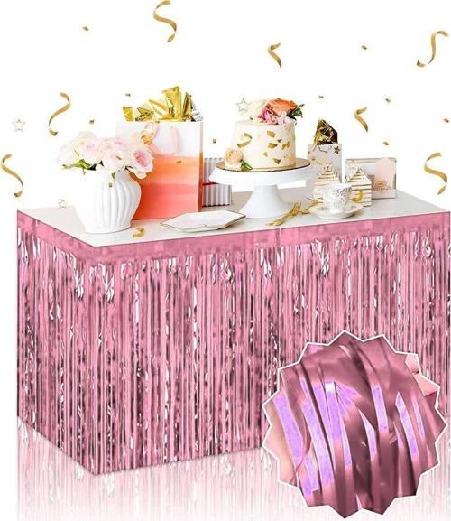 Kendinden Yapışkanlı Rose Gold Metalize Püsküllü Masa Eteği – 75 x 275 cm Parti Süslemesi