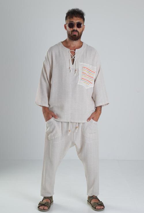 Bej Keten Pamuk Tasarım Şalvar Takım