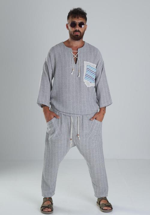 Gri Keten Pamuk Tasarım Şalvar Takım