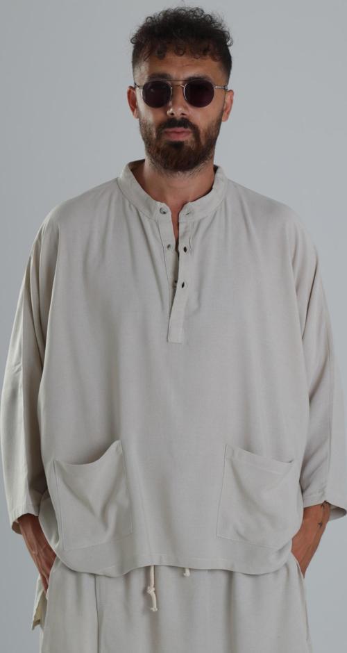 Keten Kumaş Oversize Bej Tasarım T-Shirt