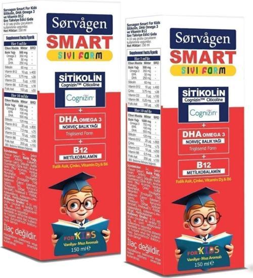 Kids Sıvı Form - Sitikolin DHA Omega 3 Norveç Balık Yağı ve B12 - 150 ml - 2 Adet